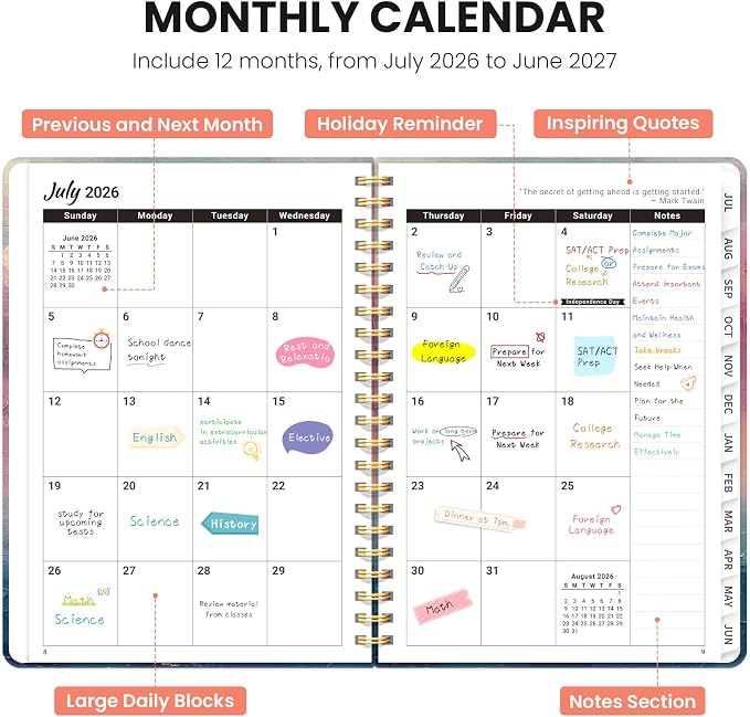 Planner 2026-2027, Monthly and Weekly Calendar Academic Planner July 2026 - June 2027, Hardcover Student Teacher Planning Agenda Book with Tabs, Perfect for Office School Supplies, A5 (6.3" x 8.5") - Sunset