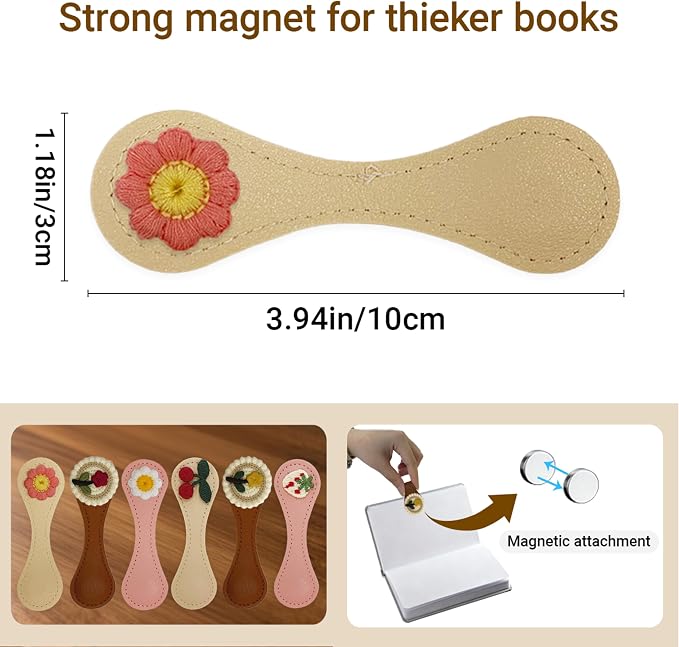 6Pcs Magnetic Leather Bookmark Set, Embroidery Magnetic Bookmarks Clips for Book Lovers Reading, Book Accessories(Mix)