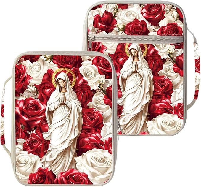 Virgin Mary Bible Cover for Women | Red and White Roses Scripture Case with Zipper and Handle | Large Polyester Bible Bag with Pockets for Church, Study & Travel | Christian Gifts for Women