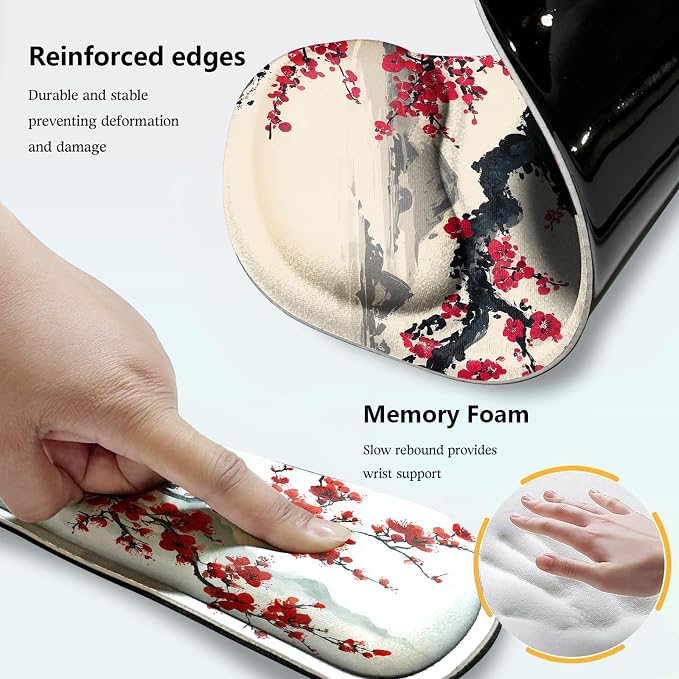 AQQA Japanese Desk Mat Set, Large Gaming Mouse Pad with Wrist Rest, Ergonomic Mouse Pad Keyboard Mat Wrist Support,Phone Holder,Cup Coaster,Home Office Desk Accessories Decor Supplies, Cherry Blossom