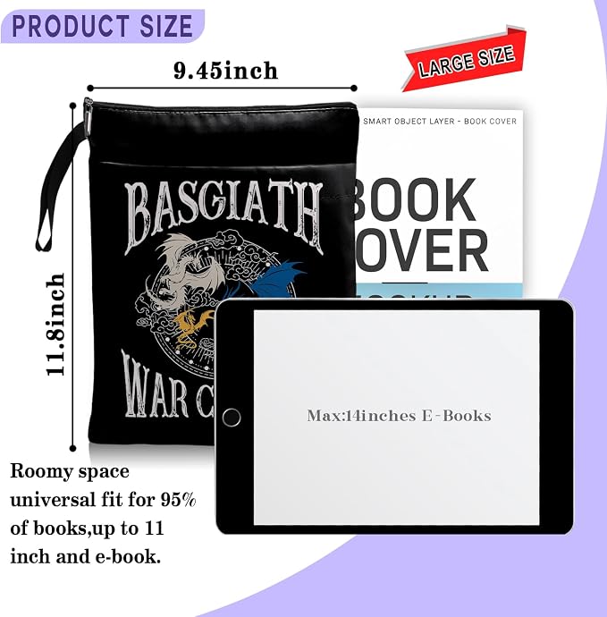 Book Cover Dragon Ridder Inspired Gift, Dragon Merch Pattern Reusable Book Pouch, BASGIATH WAR COLLEGA Book Sleeve for Book Lovers (Black-Dragon 3, Large)