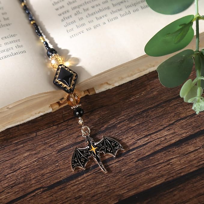 Black Dragon Wing Beaded Bookmark - Fantasy Gothic Beads Book Mark for Women & Men, Unique Aesthetic Accessories Bookish Gifts for Booklovers Students Teachers