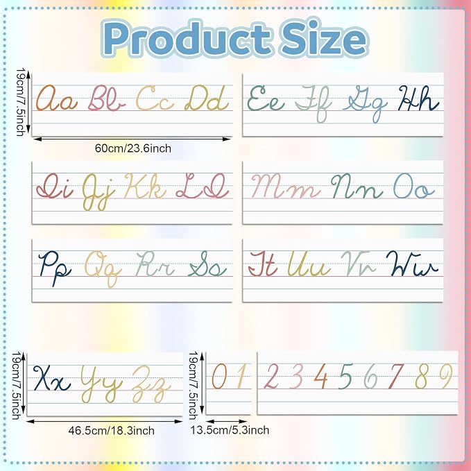 Set of 9 Cursive Writing Bulletin Board Cursive Alphabet Wall Strip for Teacher Supplies, Classroom Teaching Tool, Homeschooling, Kids Education(Colorful)