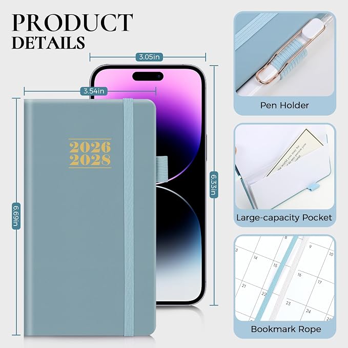 KONVINIT Pocket Calendar 2026-2028, 24-Month Pocket Calendar 2027 Planner Runs from July.2026 Until June.2028, Blue PU Monthly Planner with Inner Pocket, Pen Loop, Elastic Closure for School & Office Supplies, 3.54”×6.69”