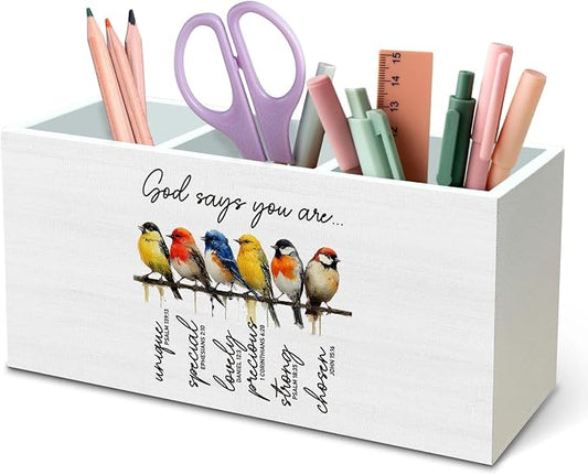 DILSJ Christian Bird Pen Pencil Holder Organizer for Desk, Inspirational Christian Gifts for Women, God Says You Are Bible Verse Bird Wooden Box Signs for Home Office Desk Tabletop Decoration