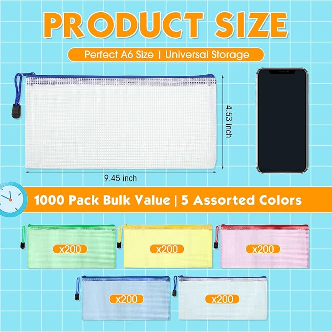 Handepo 1000 Pieces A6 Mesh Zipper Pouch Bulk, Pencil Storage Pouches Mesh Cosmetics Bag Waterproof Reusable File Folder Case for School Office Travel Supplies Organization (Solid Color Pouch)