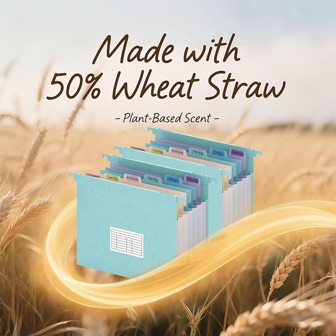 Expanding Hanging File Folders for Filing Cabinet, 7 Accordion Pockets Filing Cabinet Organizer, 1.2'' Expandable, Multi-Color Tabs, Letter Size, 50% Wheat Straw, 3 Pack (Pastel Blue)
