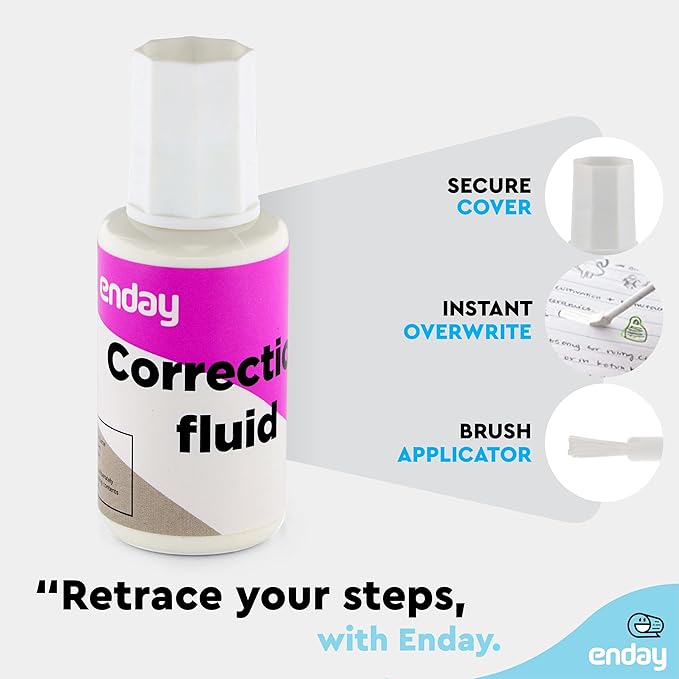 Enday Liquid Correction Fluid, .7 fl. Oz. / 20 ml Foam Wand Applicator Quick Dry Liquid Paper, Multi-Purpose Smooth Corrector for Office, and Home, 4 Pack