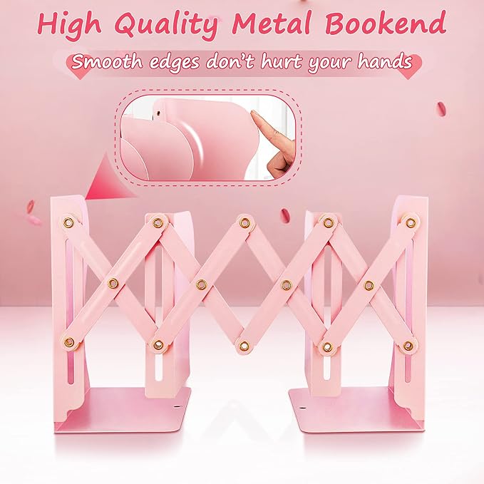 Non Skid Book Ends to Hold Books, Carooyac Heavy Duty Bookends Adjustable Book End, Metal Bookends for Shelves, Pink Book Holders Organizer for Bookshelf Desk - Extends up to 19"