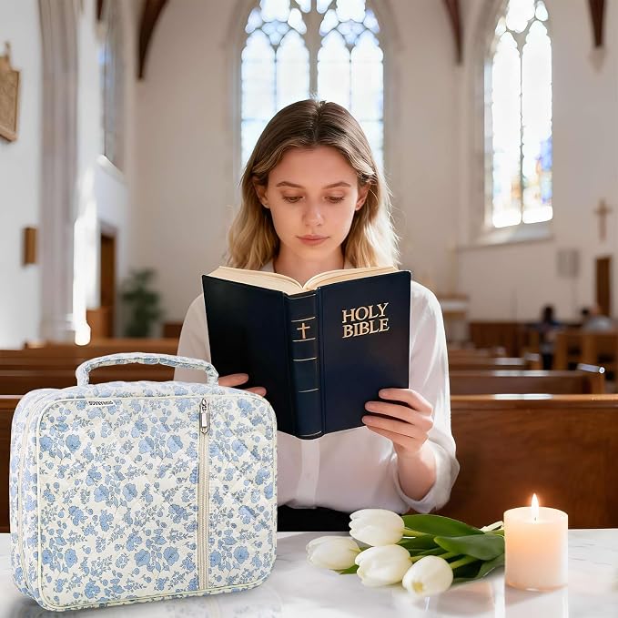 Quilted Bible Cover Case for Women with Bible Study Supplies Journaling Kit Floral Bible Bag Carrying Case with Pastel Highlighters Tabs, Women Christmas Christian Gifts (Blue Floral, L)