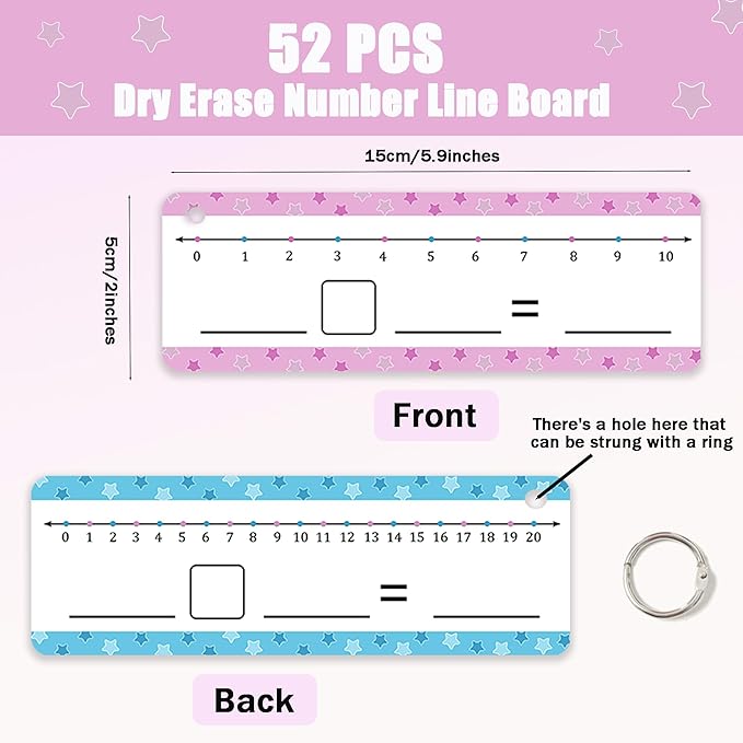 52pcs Double Sided Number Line 5.9 * 2 inches Dry Erase Board 0-10 on One Side & 0-20 on The Other Side Writable and Erasable Teacher Supplies for Classroom Home Kids Teacher Students(with a Ring)