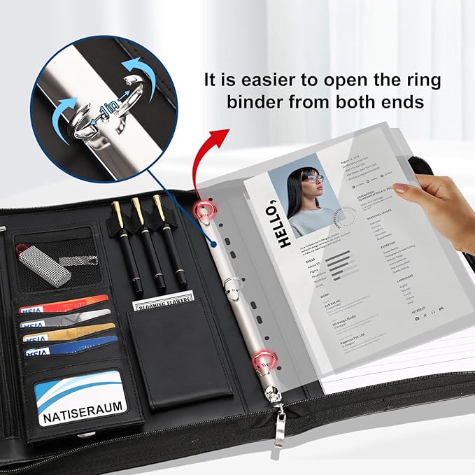 Portfolio Binder 3 Ring Includes Pen and 5 Dividers with 10 Pockets, Padfolio Organizer with Zipper for Men and Women, Includes A4 Notepad for Business, School, Work