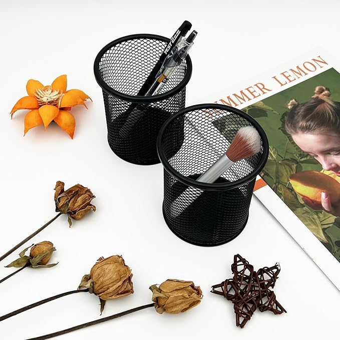 Black Wire Mesh Pen Holder Cup – Durable Steel Desk Organizer for Pens, Pencils, and Office Supplies