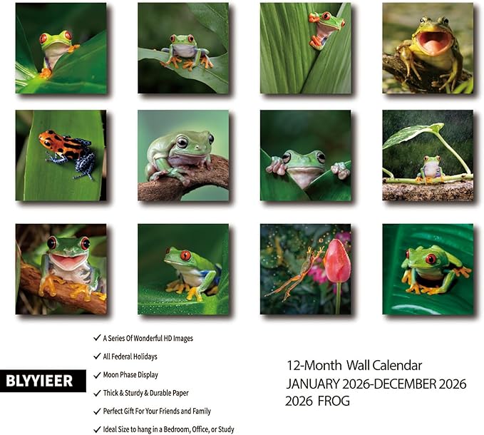 2026 Wall Calendar,Calendar 2026,Frog Monthly Wall Calendar, 12" x 24" Open,Family Planner Calendar, Home & Office Organizer,Hangable