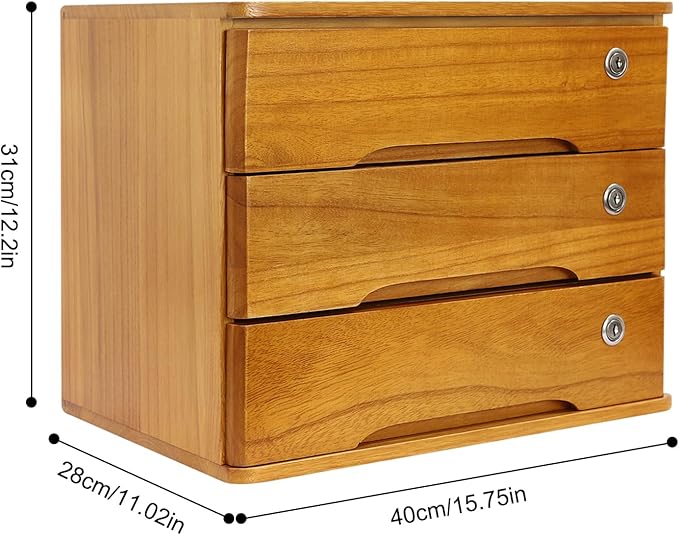 Lockable Desk Organizer Wooden Desktop Drawers Office Flat Files Storage Box Locking Countertop Storage Cabinet (Wood Yellow, 3-Tier)