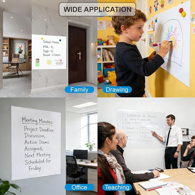 Whiteboard Adhesive Contact Paper, 95×48" in Magnetic Whiteboard Roll, Dry Erase Board for Wall. Ideal for Schools, Offices, and Homes. Includes Markers and Dry-Erase Board.