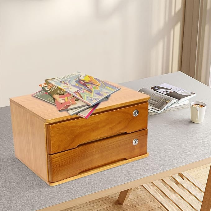 Desktop Storage Organizer Countertop Storage Cabinet with Lockable Drawers Wooden Desk Organizer for Office Supplies File Jewelry Accessories (2 Tiers)