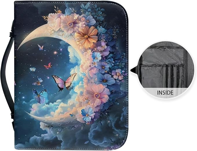 Cute Butterfly Bible Cover Case for Women Moon & Flower Bible Book Carrying Case with Handle Fits for Standard Size Bible Accessories-Size M
