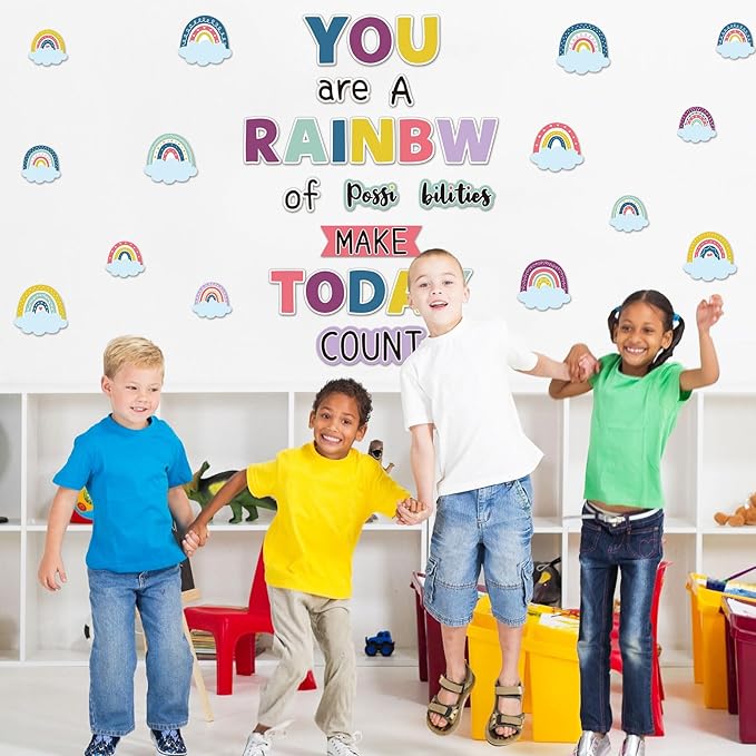 Motivational Rainbow Bulletin Board Cutouts, Happy Sunshine Day Inspirational Positive Classroom Decoration You are a Rainbow of Possibilities Accents for School Chalkboards Wall Decor