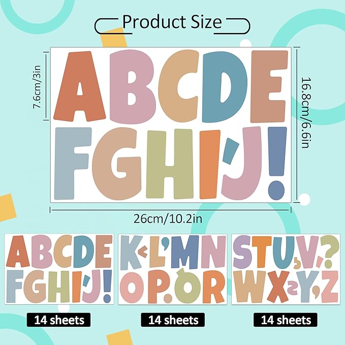504 PCS Bulletin Board Letters 42 Sheets Large Letter Stickers Vinyl Waterproof Self-Adhesive Alphabet Sticker Letters for Poster Board Display Classroom School Home Decor (3 Inch,Morandi Color)