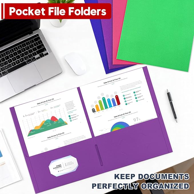 2 Pocket Folders, 100 Pack Bulk Durable Paper Letter Size File Folders with Business Card Slot for Office, Home, School and Business Use, Assorted 4 Colored
