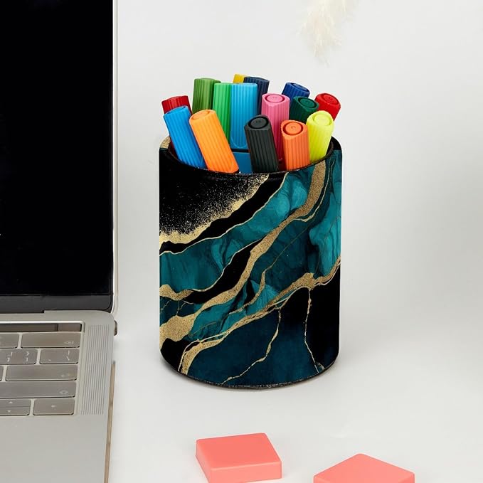 Leather Pen Holder for Desk, Malachite Marble Makeup Brushes Holder Pencil Cup Multifunctional Desktop Organizer Caddy for Home School Office Desk Accessories