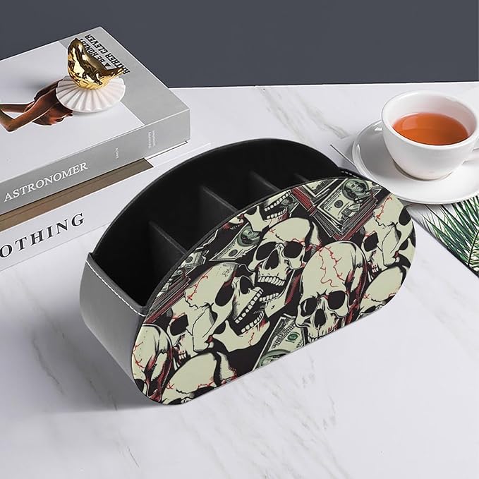 Skull Dollar Print Remote Control Holder Remote Organizer Storage Box for Multi-Media Controllers with 5 Compartments for Cosmetics Office Supplies
