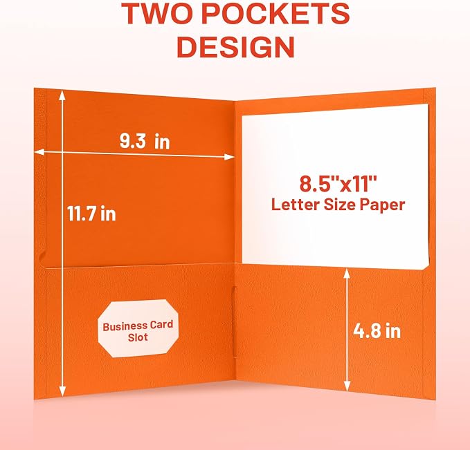 SUNEE Two Pocket Folders, 50 Pack File Folders with Business Card Slot, Textured Paper, Fit Letter Size Paper, Paper File Folder for School Office Home Business, Orange