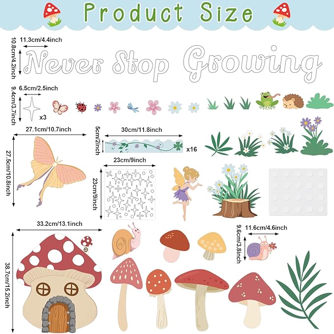Forest Bulletin Board Decorations Set Mushroom House Spring Summer Never Stop Growing Paper Cutouts Fairy Tale Story Bulletin Boarder Elf Flower Classroom Supplies for Motivational School Party Decor