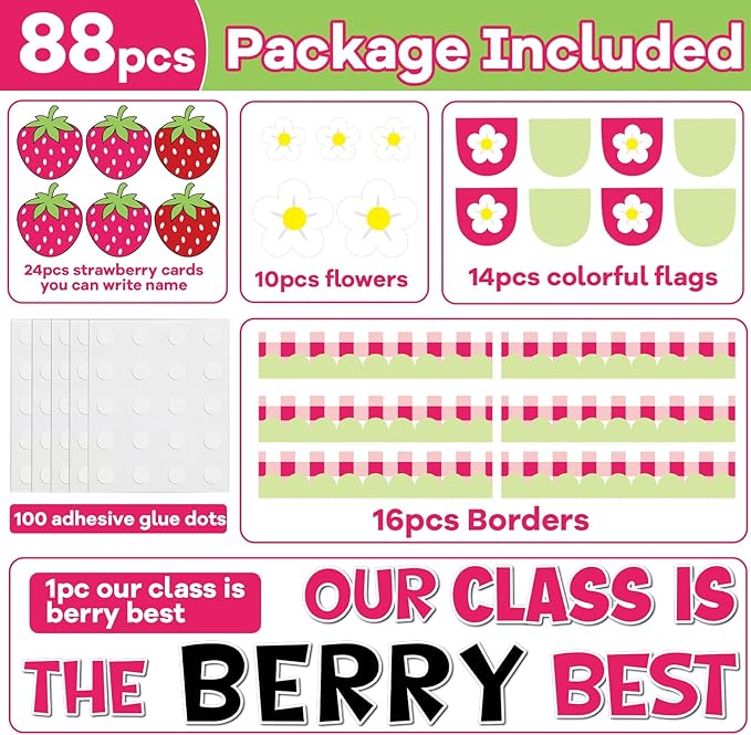 ZOIIWA Back to School Strawberry Bulletin Board Decorations Berry Flower Classroom Decor Bulletin Board Borders Pink Paper Cutouts Set for Teacher School Office Supplies Summer Spring Party Wall Decor