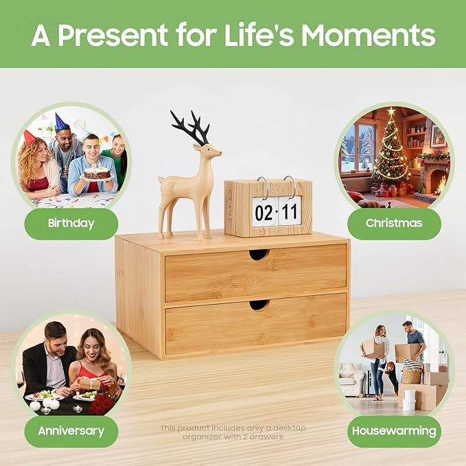 Desk Organizer, Office Vanity Bamboo Desk Organizer, Mini Bamboo Desk Drawer Tabletop Storage Box with 2 Drawer Night Stand Table Organizer for Makeup Vanity Office Supplies (2 Drawer)