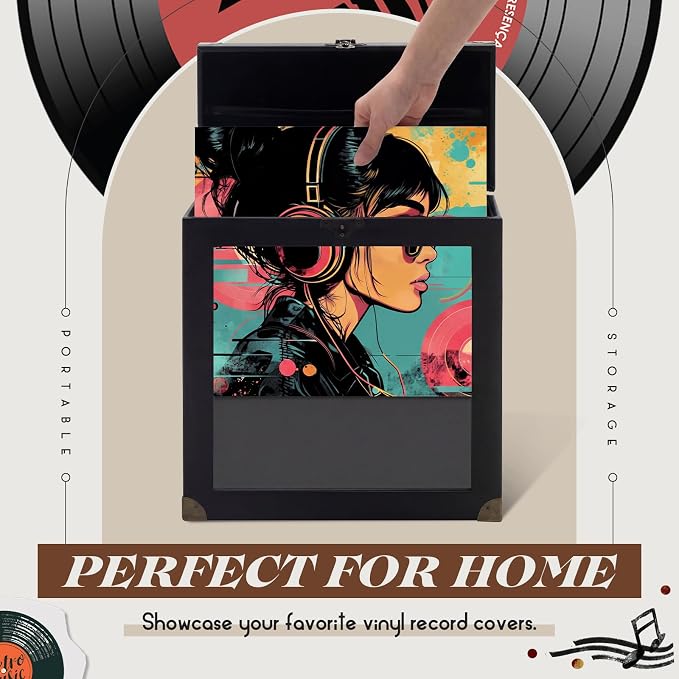 Amyhill Vinyl Record Storage Box with Display Window, Holds 30-35 Single Records 7/10/12 Inch Albums, PU Leather Record Case with Lid & Handle, Water-resistant Lp Storage for Records(Black,PU)