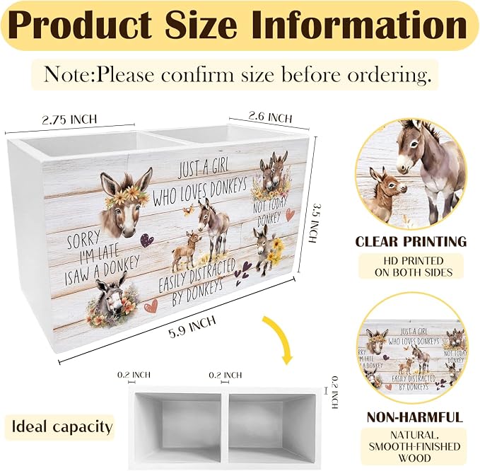 Farmhouse Donkey Pen Holder for Desk, Donkey Lovers Gifts Pencil Organizer, Rustic Floral Farm Animal Wooden Box Sign Desk Decor for Farmhouse Home Office Decoration