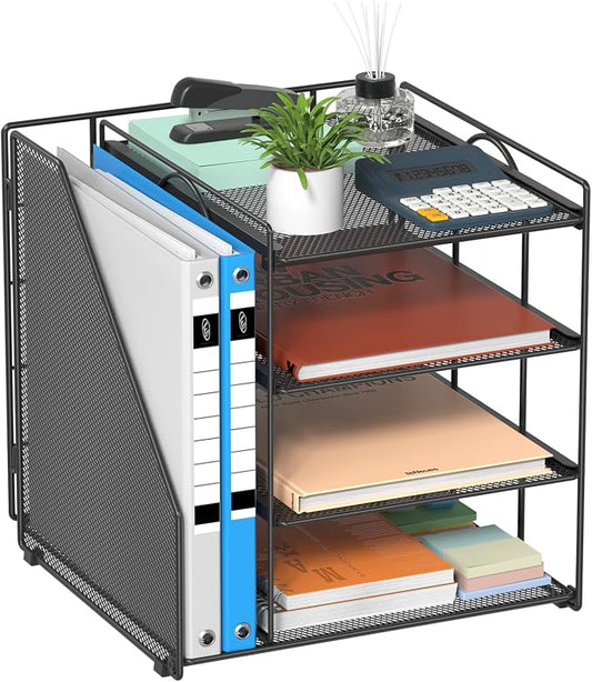 Desk Organizer, 4-Tier Metal File Organizer for Desk with Vertical File Holder, Office Accessories and Desktop Storage for Office Supplies (Black)