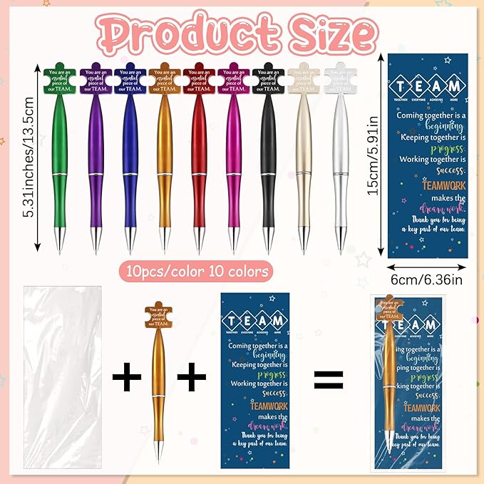 Sinload 100 Sets Team Appreciation Gifts Bulk Inspirational Puzzle Ballpoint Pens Motivational Cards Bookmark for Team Staff Office Coworker Employee Nurse Teacher Week Gifts