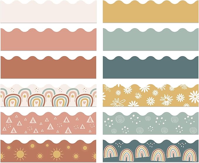 240 Pcs 236ft Holiday Bulletin Board Borders Colorful Rainbow Scalloped Border Trim Bulk Bulletin Decor for Classroom Back to School Decor(Brown Yellow Style)