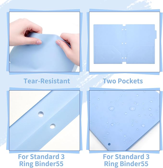 Plastic Folders with Pockets, 3 Hole Punched for 3 Ring Binder, 12 Pack Pastel File Folders, 1/3 Cut Index Tabs for Quick Find, Heavy Duty File Folders, Letter Size for School