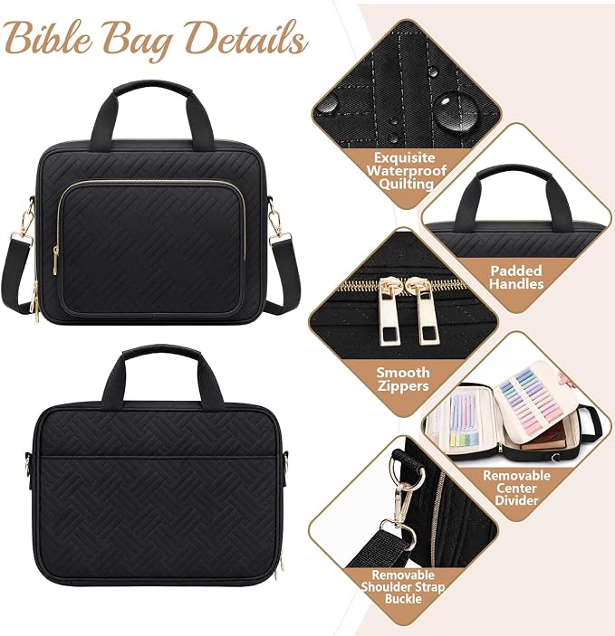XKDOUS Bible Cover Case for Women, Quilted Large Bible Bag with Shoulder Strap, Bible Study Supplies with Highlighters, Tabs & Journaling Kit, Christian Gifts for Mom & Women (Black)
