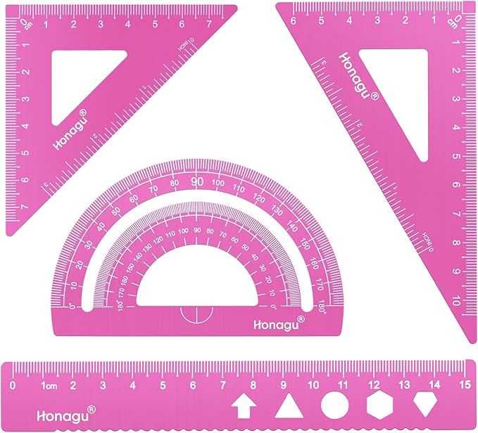 Honagu Triangular Ruler Set, 4 Pieces Aluminum Alloy Ruler, Metal Drafting Ruler, Geometric Protractor for Students, Draftsmen, Engineers, Home School Office Supplies (15cm/5.9inches, Pink)