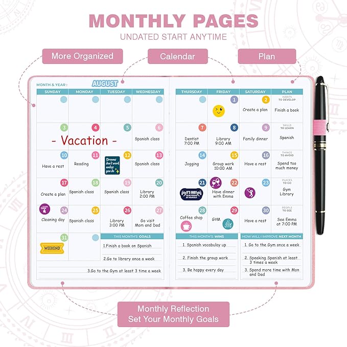 Undated 12 Month Planner Hardcover (5.5x8.5") - Weekly & Monthly Academic Life Organizer, Productivity Journal, Thick Paper, Sticker, Bookmark, Pen Loop(Pink)