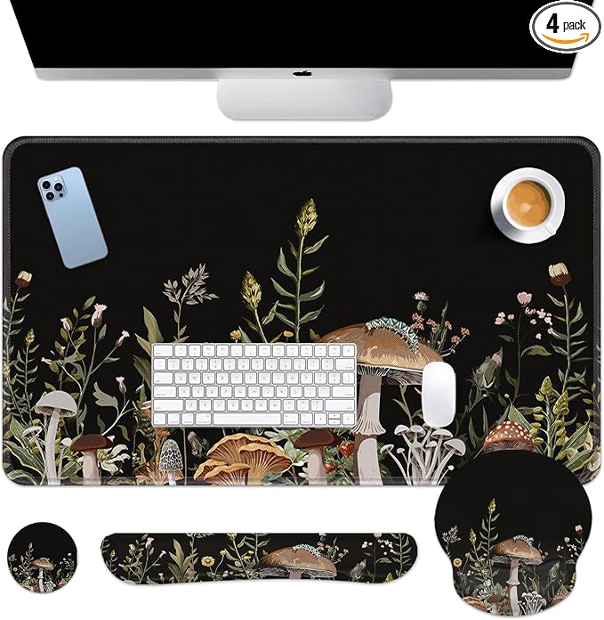 Britimes Black Mushroom Floral Keyboard Mouse Pad Set Plant Flower 4in1 Large Mousepad+Keyboard Wrist Rest+Mouse Wrist Rest+Coaster Ergonomic Design for Home Office Computer 35.4x15.7 inches