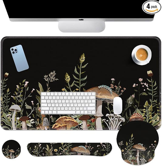 Britimes Black Mushroom Floral Keyboard Mouse Pad Set Plant Flower 4in1 Large Mousepad+Keyboard Wrist Rest+Mouse Wrist Rest+Coaster Ergonomic Design for Home Office Computer 35.4x15.7 inches