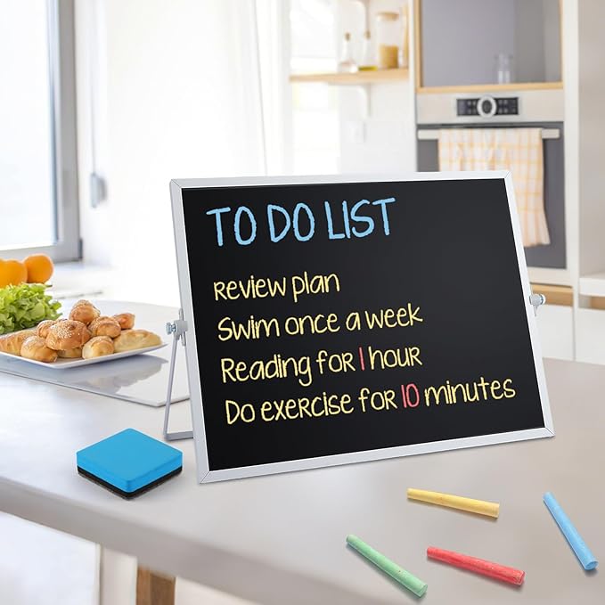 Small Magnetic Chalk Board Easel 16"X12", Double-Sided Tabletop & Wall Hanging Chalkboard with 4 Chalks & Eraser, Desktop Mini Black Board Sign for Office Desk Home Menu and School