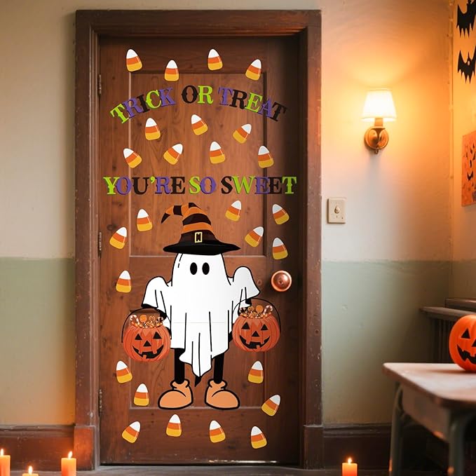 Whaline 62Pcs Halloween Bulletin Board Door Decorations Pumpkin Ghost Candy Corn Paper Cutouts with 100Pcs Glue Points for Trick or Treat Party Classroom Chalkboard Wall Decor