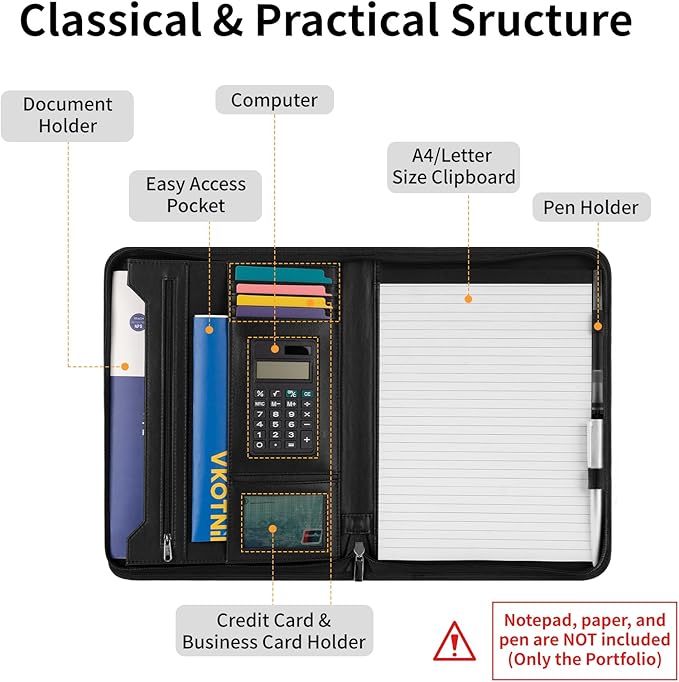 Professional Padfolio with Calculator,Faux Leather Portfolio Folder Binder,Letter Size A4 Legal Writing Pad Holder for Business School Office Conference Notepad Clip Boards (Black)