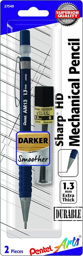 Pentel Arts Sharp HD Mechanical Pencil (1.3mm), Dark Blue Barrel, (1) Super Hi-Polymer Lead Refill (AM13PABP)