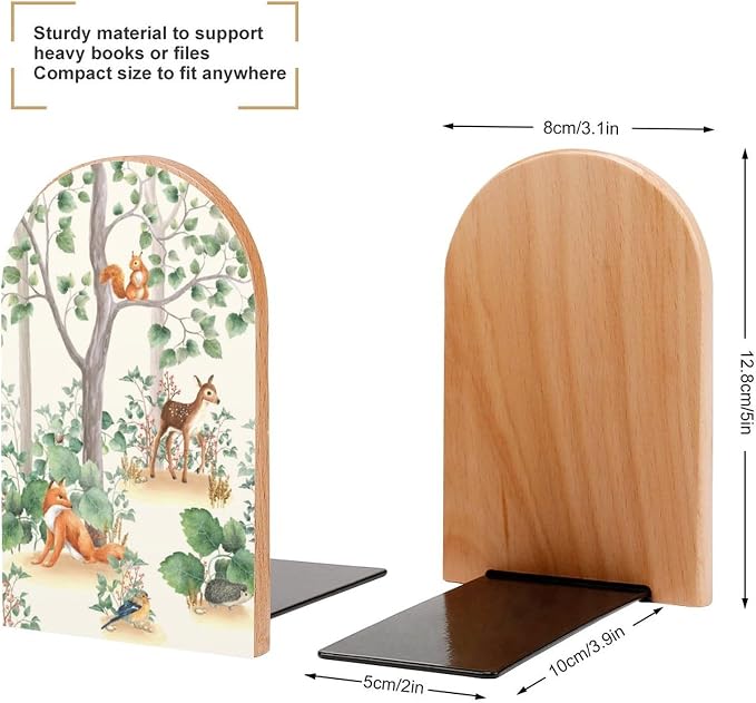 Book Ends Bookends for Shelves to Hold Books Woodland Animals Boho Art Print Small Non-Slip Book Stoppers Wood Decorative Home Office Desk