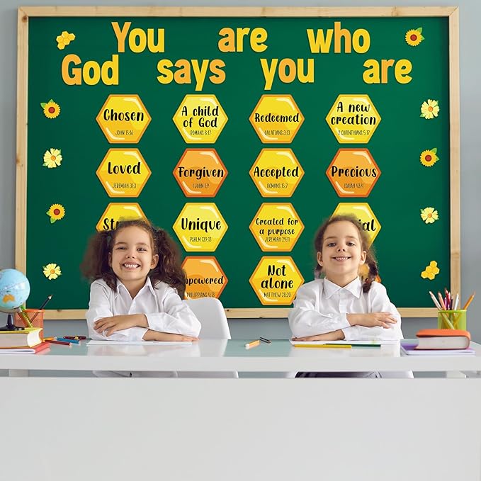 Qyeahkj Christian Bulletin Board Decorations Bee Jesus Bulletin Board Sets Bee Hive God Says You are Religious Classroom Wall Decor VBS Motivational Cutouts for Sunday School Home Church Supplies