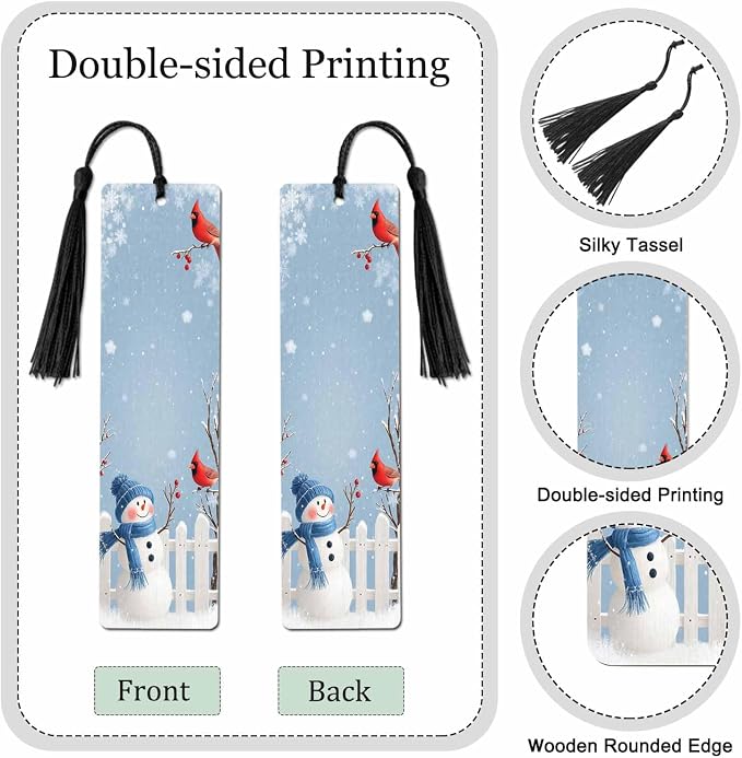 Snowman Bookmarks Set 5 with Tassels Winter Cardinal Bird Blue Christmas Wooden Bookmarks for Reading Women Men Students Teachers School Supplies