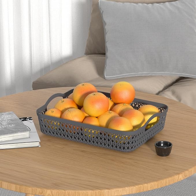 Kekow Plastic Storage Tray Basket with Handle, Set of 6, 13.22" x 10.23" x 2.95", Gray